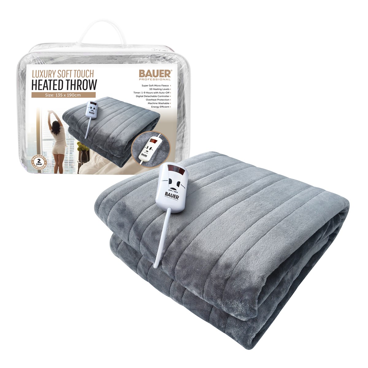 Bauer Luxury Soft Touch Heated Throw Grey 135x190