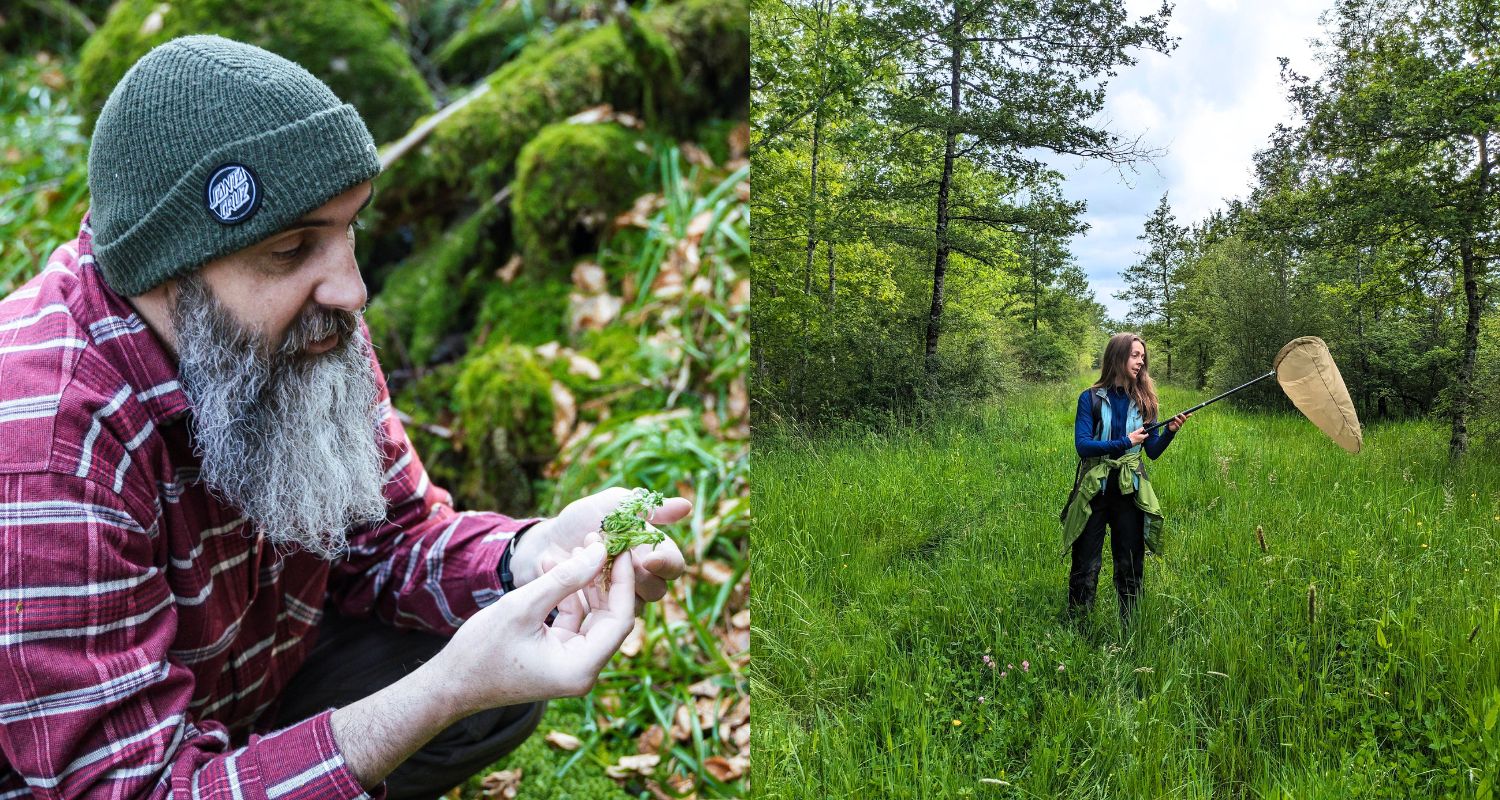 Left: Arnaud de Grave in Le Syndicat forest. Right: Julia Fuchs inventorying ordnates in Luthenay forest in France. 