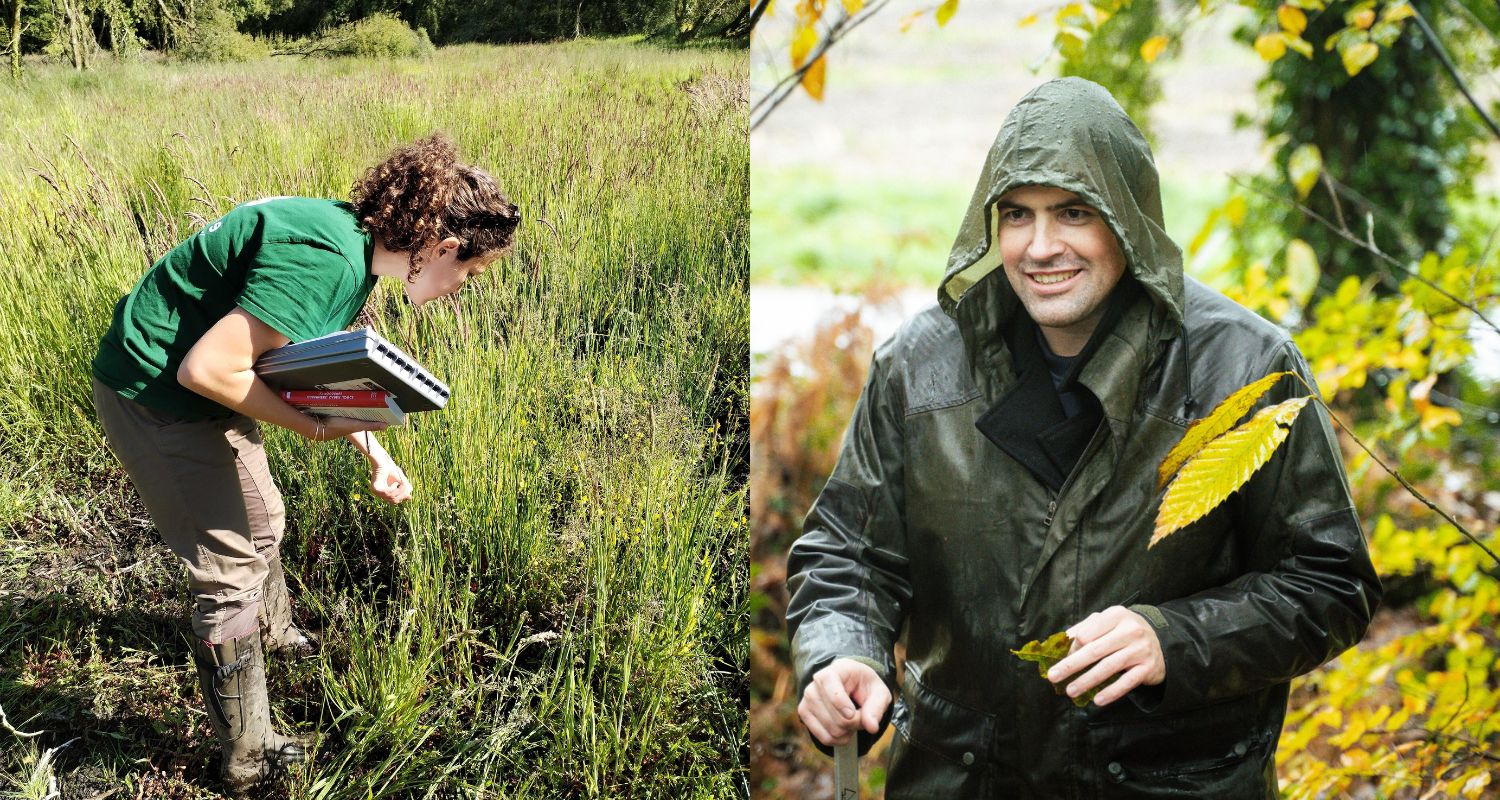Left: Louise Bouchardy conducting a biodiversity inventory in Ploërdut. Right: Clément Bourel hosting a forest visit for a client in Langonnet. 