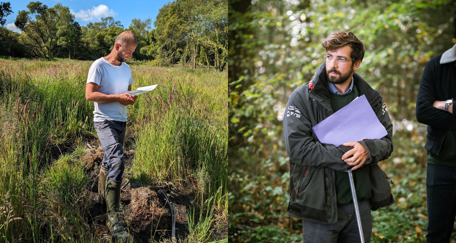 Left: Gauthier de Lachaise assisting Louise Bouchardy with completing an inventory in Ploërdut forest. Right: Vianney de la Brosse guiding clients through our forestry action in Launay Guen forest.  