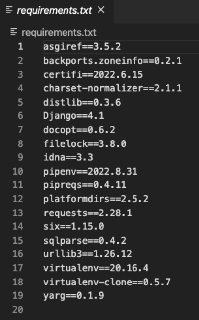 A Django requirements.txt file example.