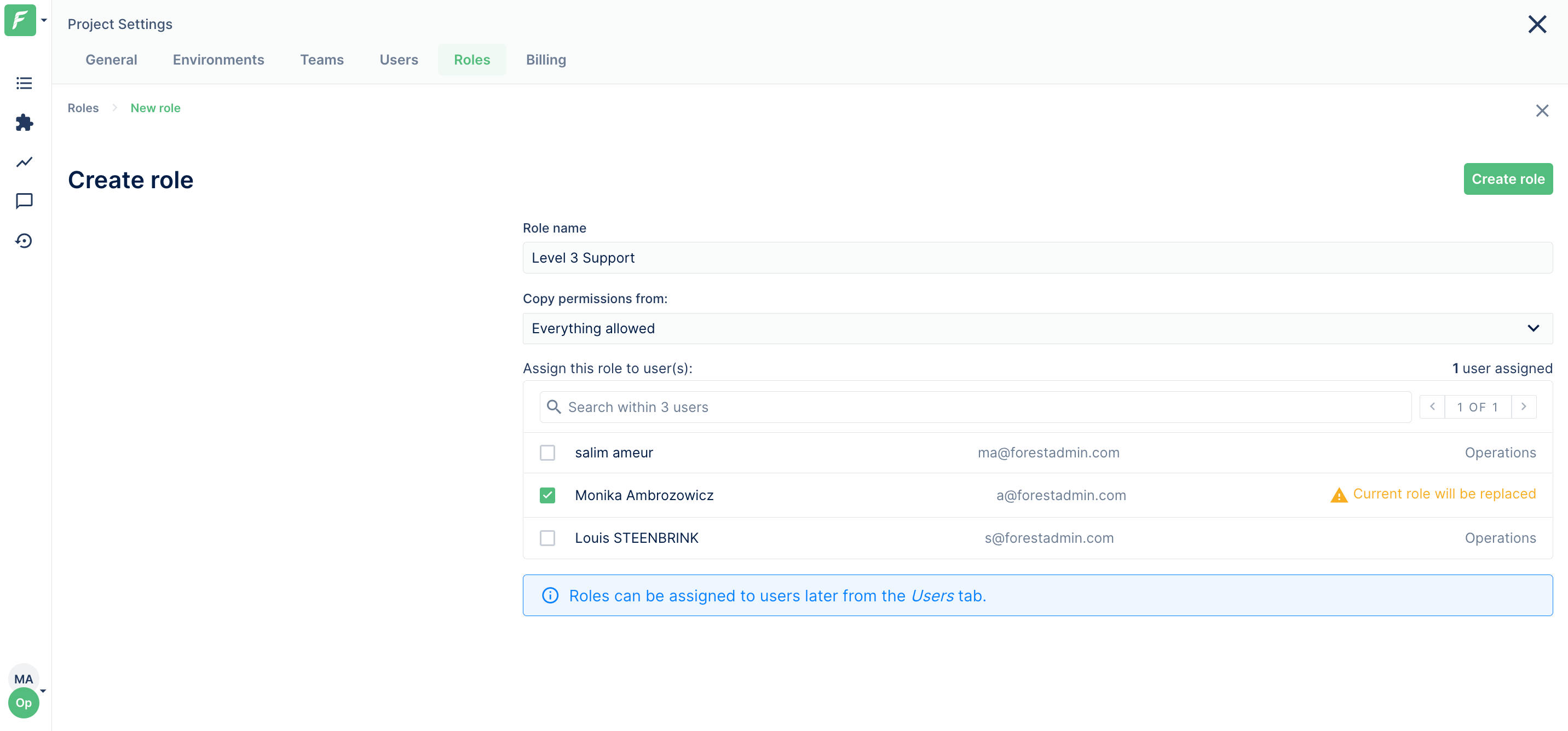 The role creation form in the Forest Admin project settings.