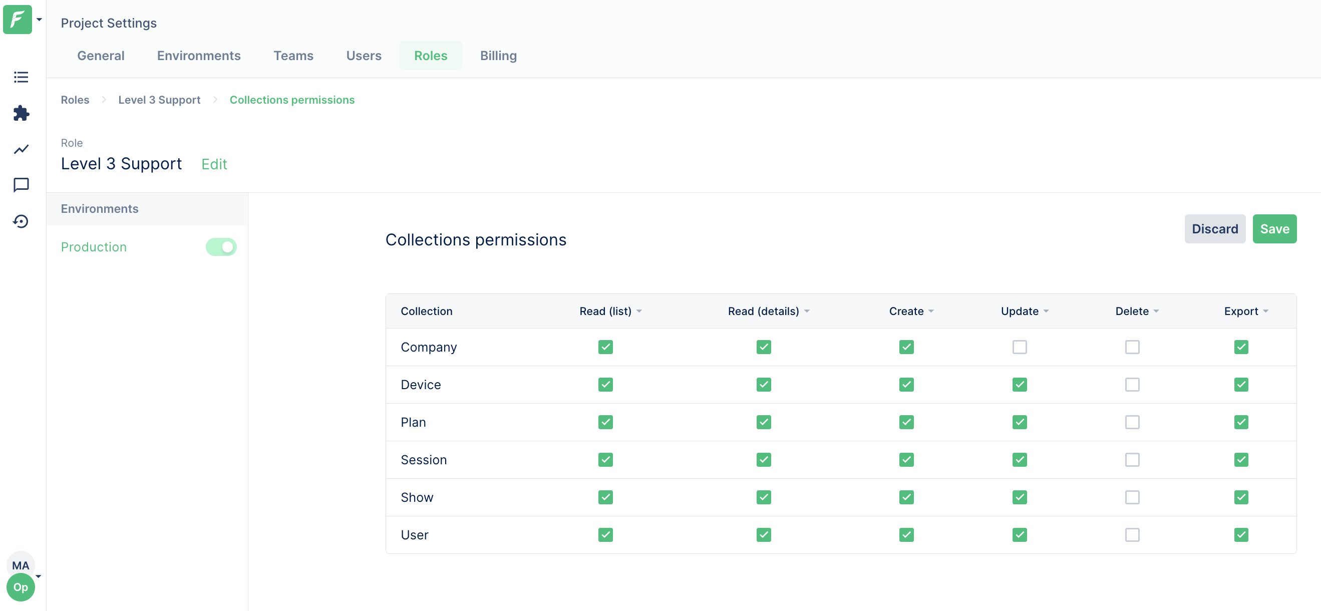 The role creation permissions configuration in the Forest Admin project settings.