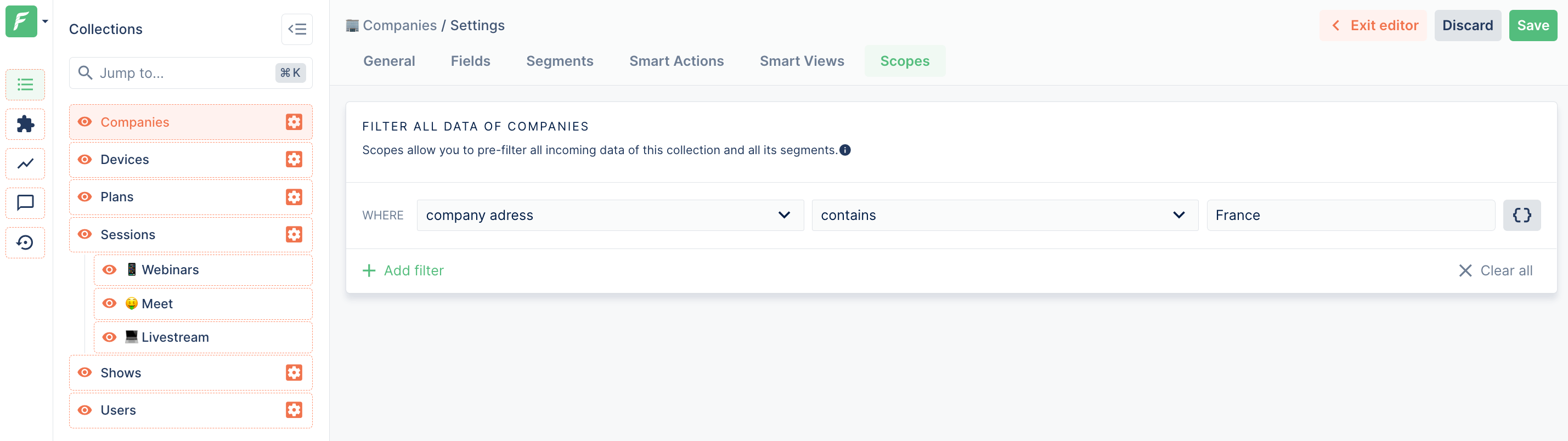 The scope configuration in a Forest Admin collection settings.