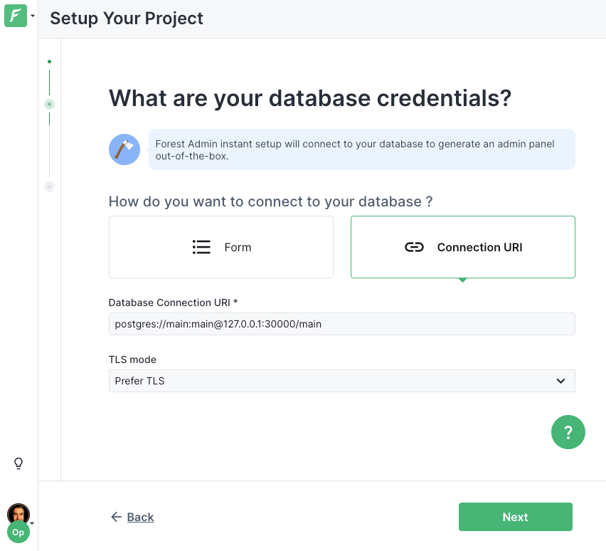 Database form in Forest Admin project setup