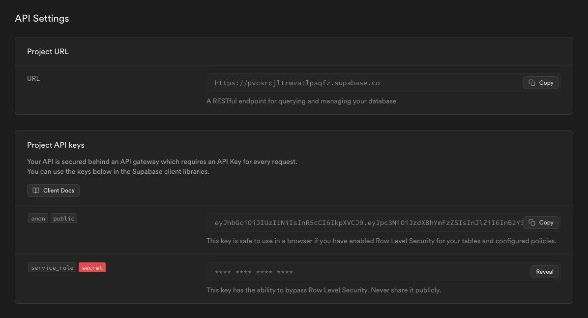 Supabase API Settings.