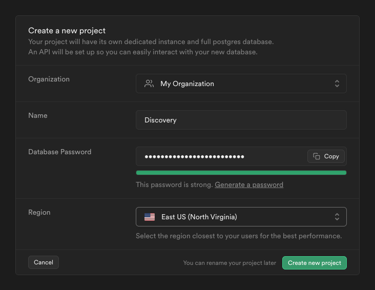 The Supabase project creation form.