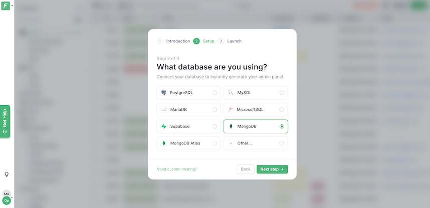 A screenshot from Forest Admin installation. Step 1: Pick MongoDB or MongoDB Atlas from a list of databases.