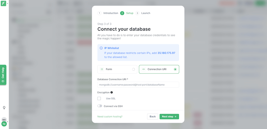 A screenshot of Forest Admin installation step 2: Connecting your database with a form or a database URI.