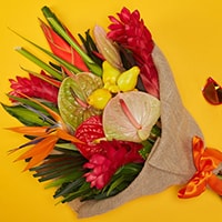Bloom Magic - Flower Delivery Ireland - An exciting bouquet of anthuriums, birds of paradise and ginger. This bouquet of flowers is sure to brighten your day! Order same day delivery to Dublin and next day flower delivery to anywhere in Ireland.