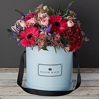 Bloom Magic - Flower Delivery Ireland - A warm bouquet containing pink roses, red hydrangea, pink roses, and rich purple iris. This flower arrangement comes hand tied in one of our beautiful hatboxes. The luxurious flowers are available for delivery to anywhere in Ireland.
