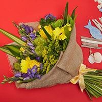 Bloom Magic - Flower Delivery Ireland - A wonderful bouquet of yellow roses, yellow gerbera and purple september flowers. Featuring exotic greenery and beautifully hand-tied, this is sure to please. Flower delivery available anywhere in Ireland. Same day flower delivery to Dublin
