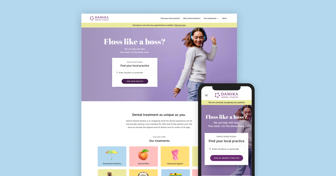 Screenshot of the new Damira homepage that we designed