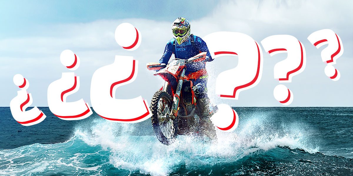 Imágen sorprendente de un motorista de motocross surcando los mares en su moto Un motorista de motocross surca el mar encima de su moto rodeado de signos de interrogación