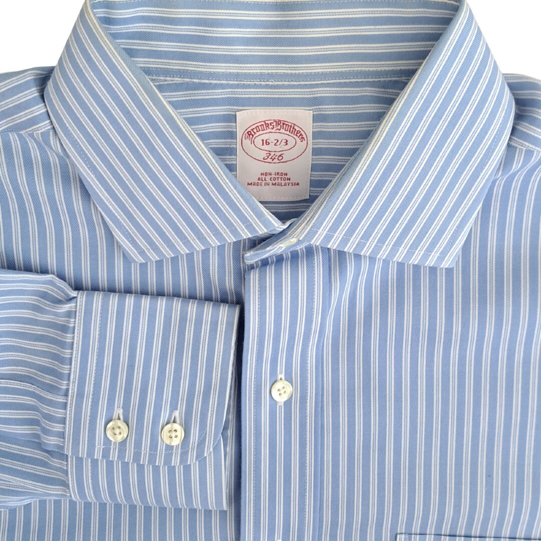 BROOKS BROTHERS 346 Shirt Mens 16 M Blue - White Stripes NON IRON