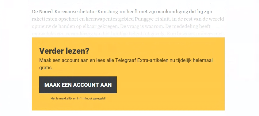 Harde paywall met een opstapje: je moet registreren, maar dan is het nog even gratis