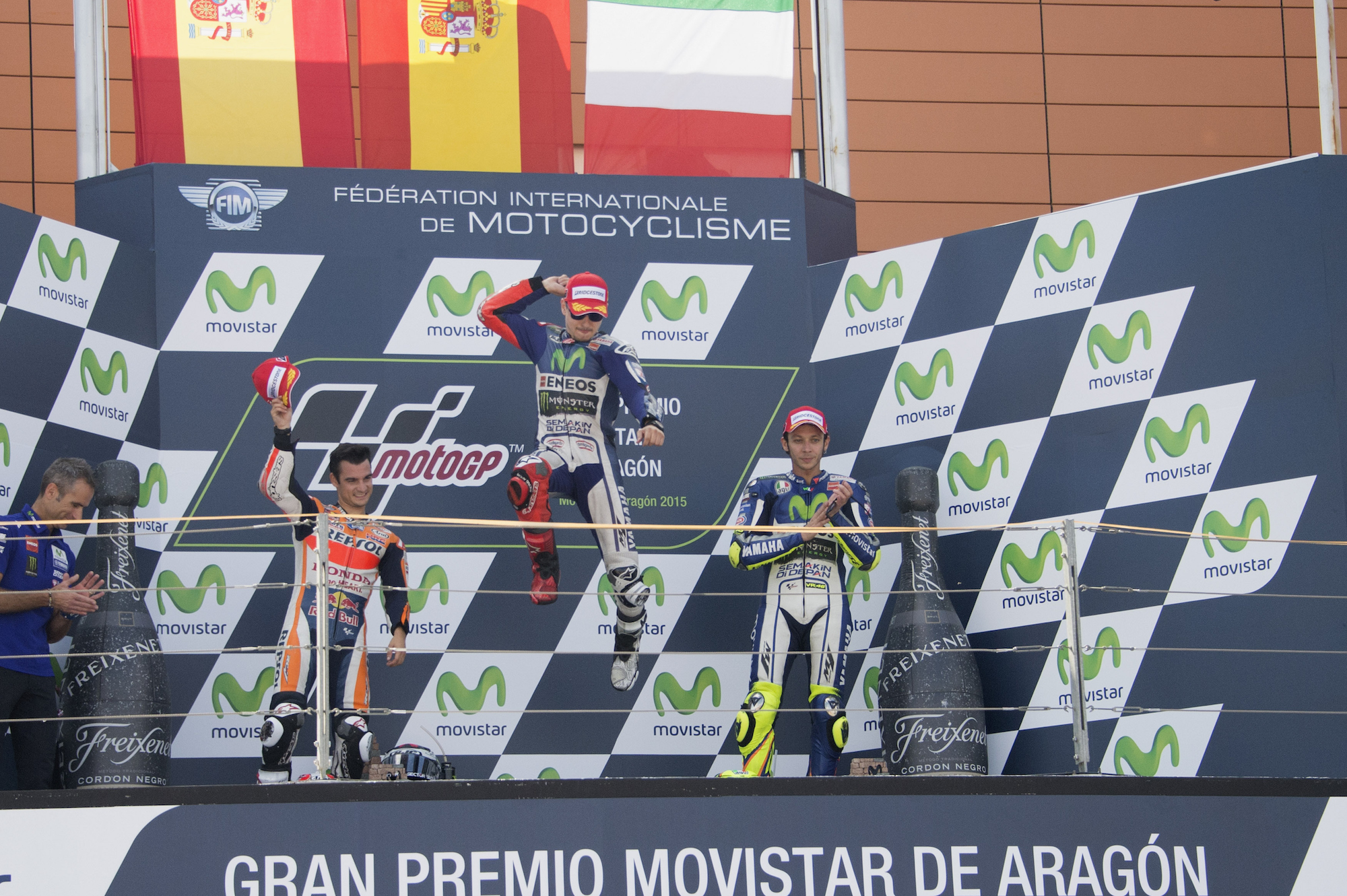 Il podio del Gran Premio di Aragon: da sinistra, Dani Pedrosa, Jorge Lorenzo e Valentino Rossi