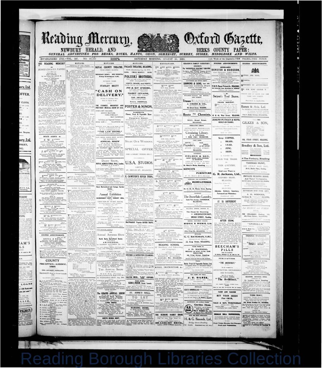 Reading Mercury Oxford Gazette Saturday, August 16, 1919. Pg 1 Reading Mercury Oxford Gazette Saturday, August 16, 1919. Pg 1
