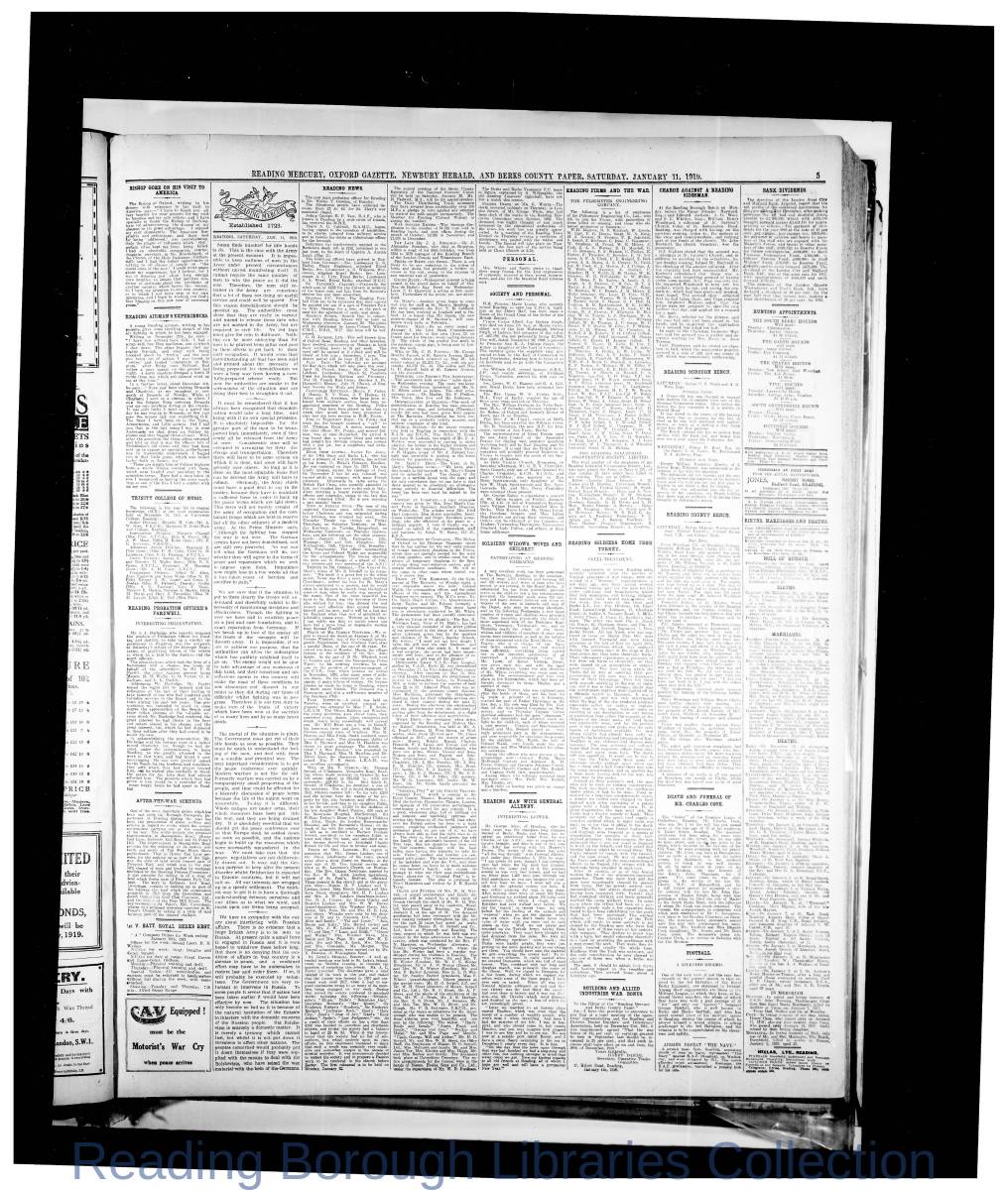 Reading Mercury Oxford Gazette Saturday , January 11, 1919. Pg 5 Reading Mercury Oxford Gazette Saturday , January 11, 1919. Pg 5