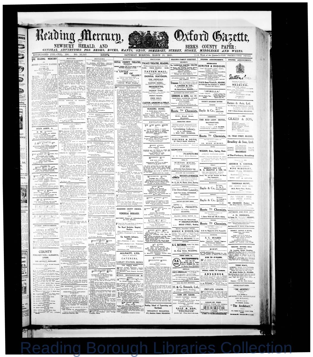 Reading Mercury Oxford Gazette Saturday, March 13, 1920. Pg 1 Reading Mercury Oxford Gazette Saturday, March 13, 1920. Pg 1