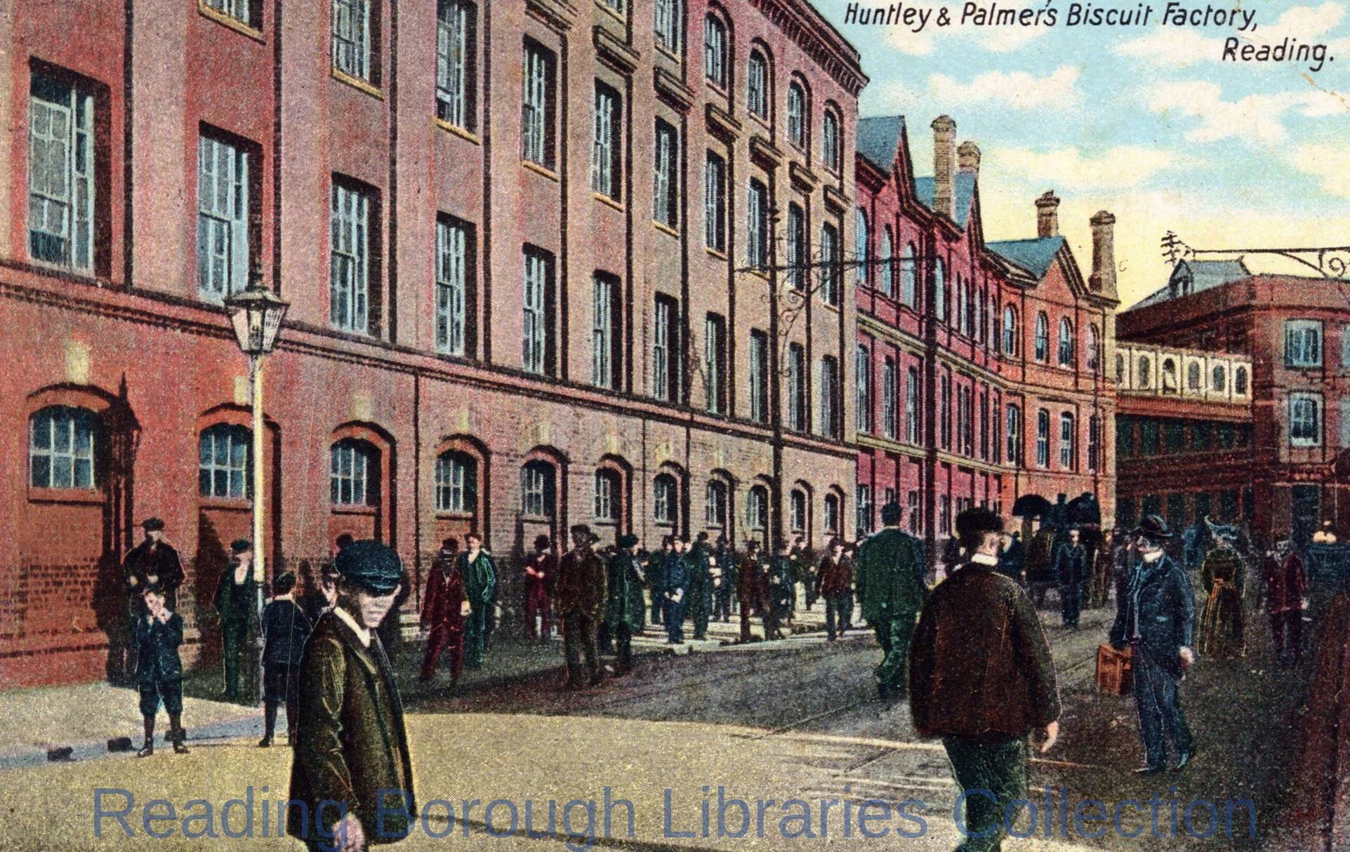 Workers outside Huntley and Palmers biscuit factory, looking eastwards along King's Road, Reading, c1905 Workers outside Huntley and Palmers biscuit factory, looking eastwards along King's Road, Reading, c1905
