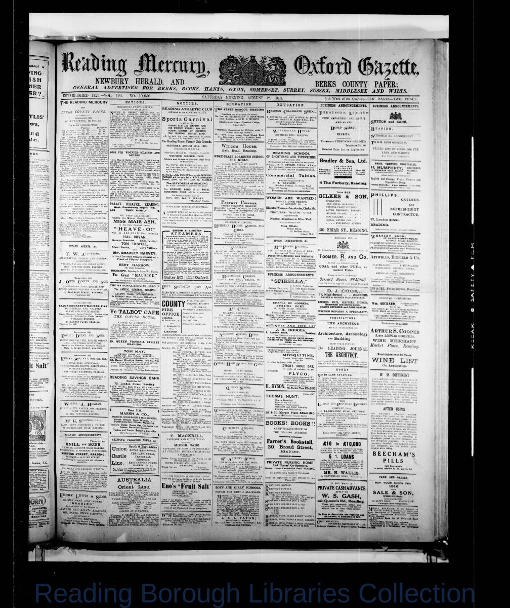 Reading Mercury Oxford Gazette Saturday August 12, 1916. Pg 1 Reading Mercury Oxford Gazette Saturday August 12, 1916. Pg 1
