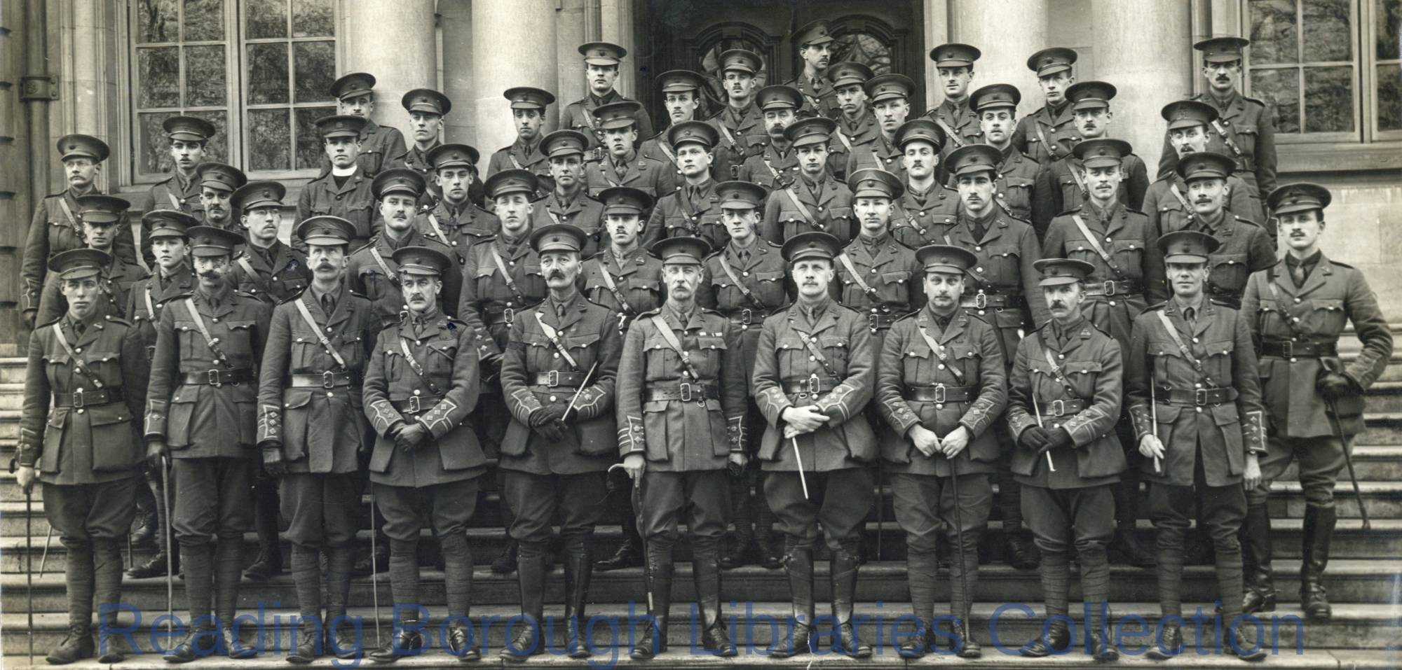 Officers, 7th Battalion, Royal Berkshire Regiment, Shire Hall, The Forbury, Reading, February 1915. Officers, 7th Battalion, Royal Berkshire Regiment, Shire Hall, The Forbury, Reading, February 1915.