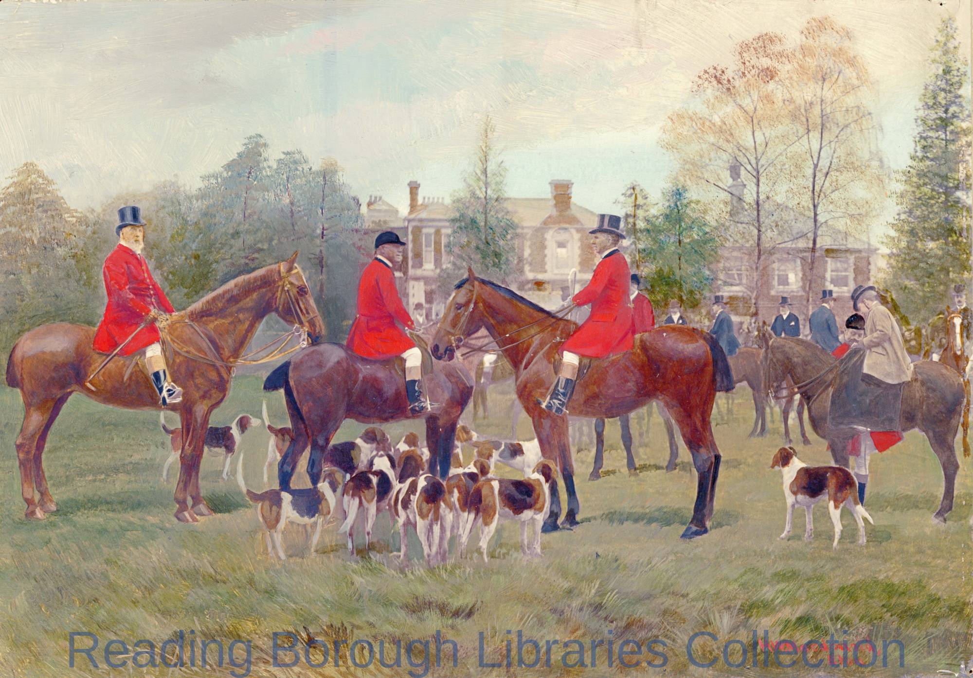 A hunting scene with a large house in the background, 1901. By H. W. Macdonald of Eton. A hunting scene with a large house in the background, 1901. By H. W. Macdonald of Eton.