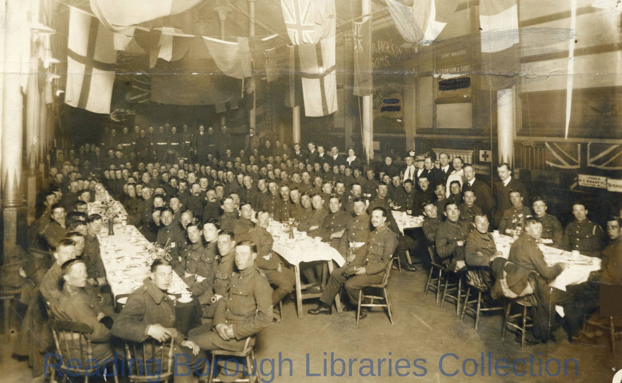Over 200 Non-Commissioned Officers, 7th and 8th Battalions, Royal Berkshire Regiment, and the Young Men's Christian Association (YMCA), Friar Street, Reading, 1915. Over 200 Non-Commissioned Officers, 7th and 8th Battalions, Royal Berkshire Regiment, and the Young Men's Christian Association (YMCA), Friar Street, Reading, 1915.