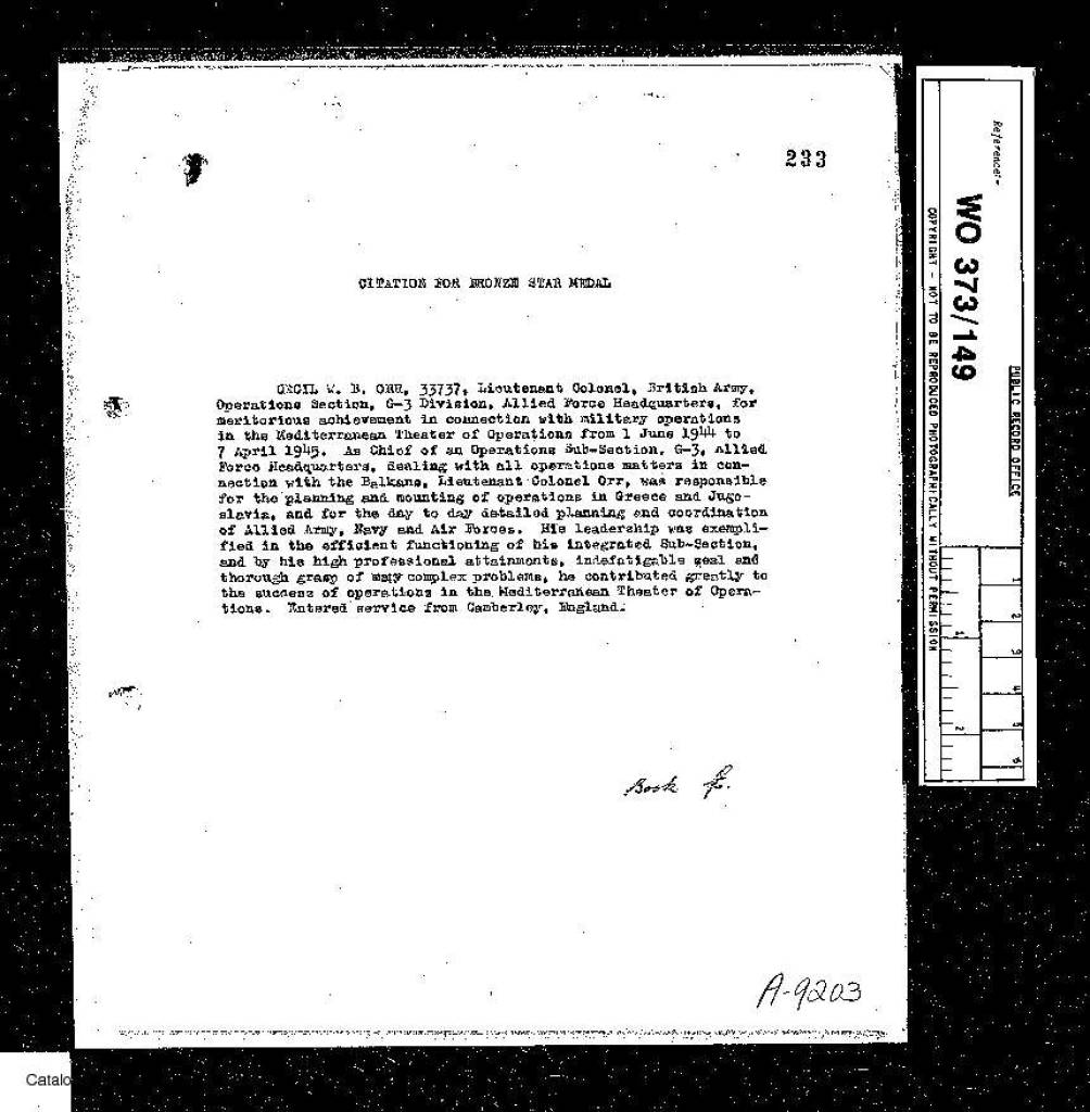 223 Orr Us Bronze Star Mdl Citation 28 Jan 49 1 Jpg Royal Leicestershire Regiment