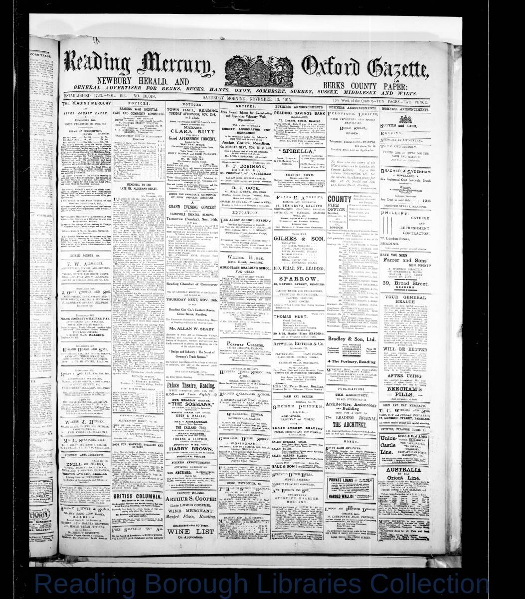 Reading Mercury Oxford Gazette Saturday, November 13, 1915. Pg 1 Reading Mercury Oxford Gazette Saturday, November 13, 1915. Pg 1