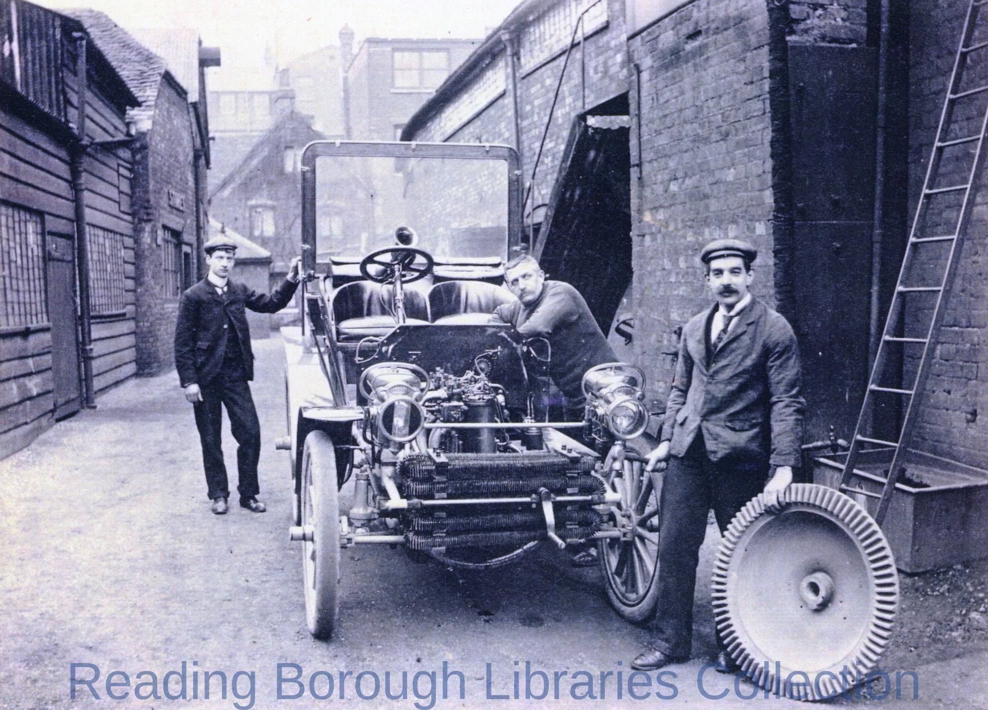 An early motor car in the yard of the Yield Hall Foundry, Yield Hall Lane, Reading, c1910., run by John Wilder An early motor car in the yard of the Yield Hall Foundry, Yield Hall Lane, Reading, c1910., run by John Wilder