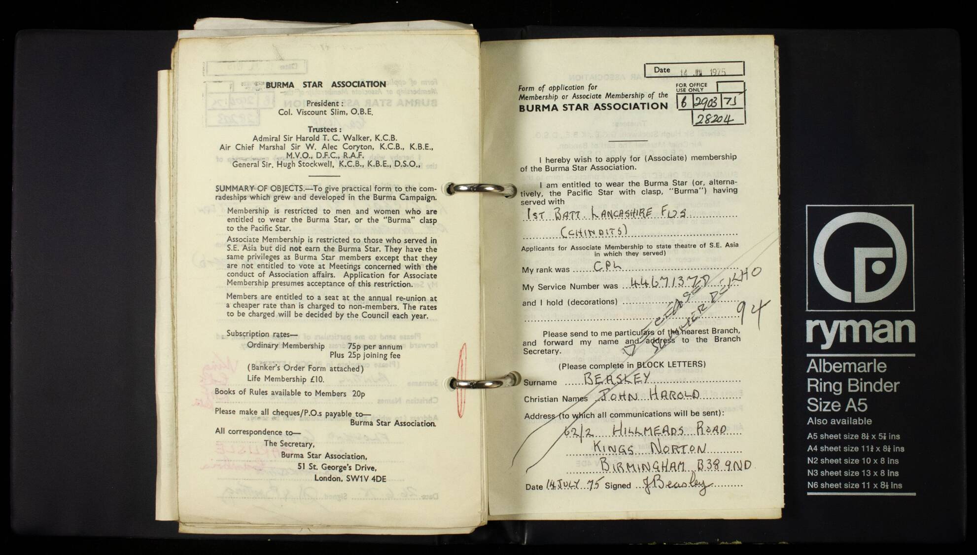 Beasley John Harold B 2903 75 Burma Star Memorial Fund