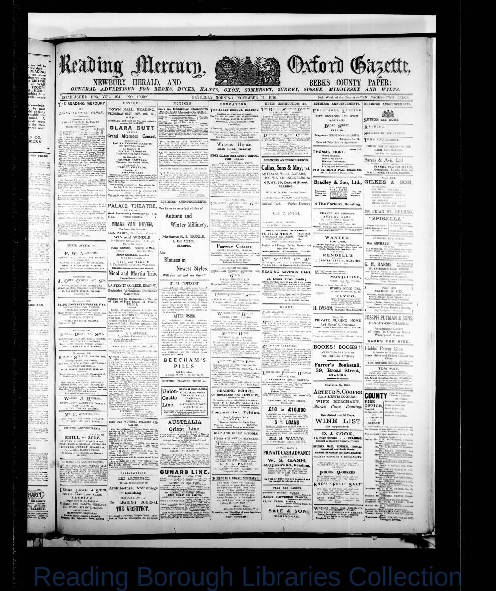 Reading Mercury Oxford Gazette Saturday, November 11, 1916. Pg 1 Reading Mercury Oxford Gazette Saturday, November 11, 1916. Pg 1