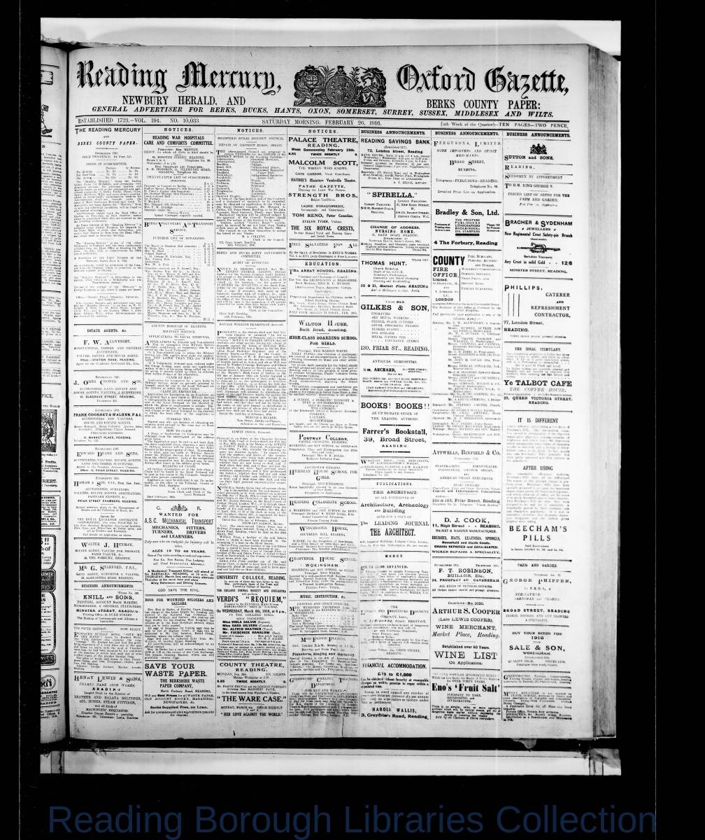 Reading Mercury Oxford Gazette Saturday, February 26, 1916. Pg 1 Reading Mercury Oxford Gazette Saturday, February 26, 1916. Pg 1