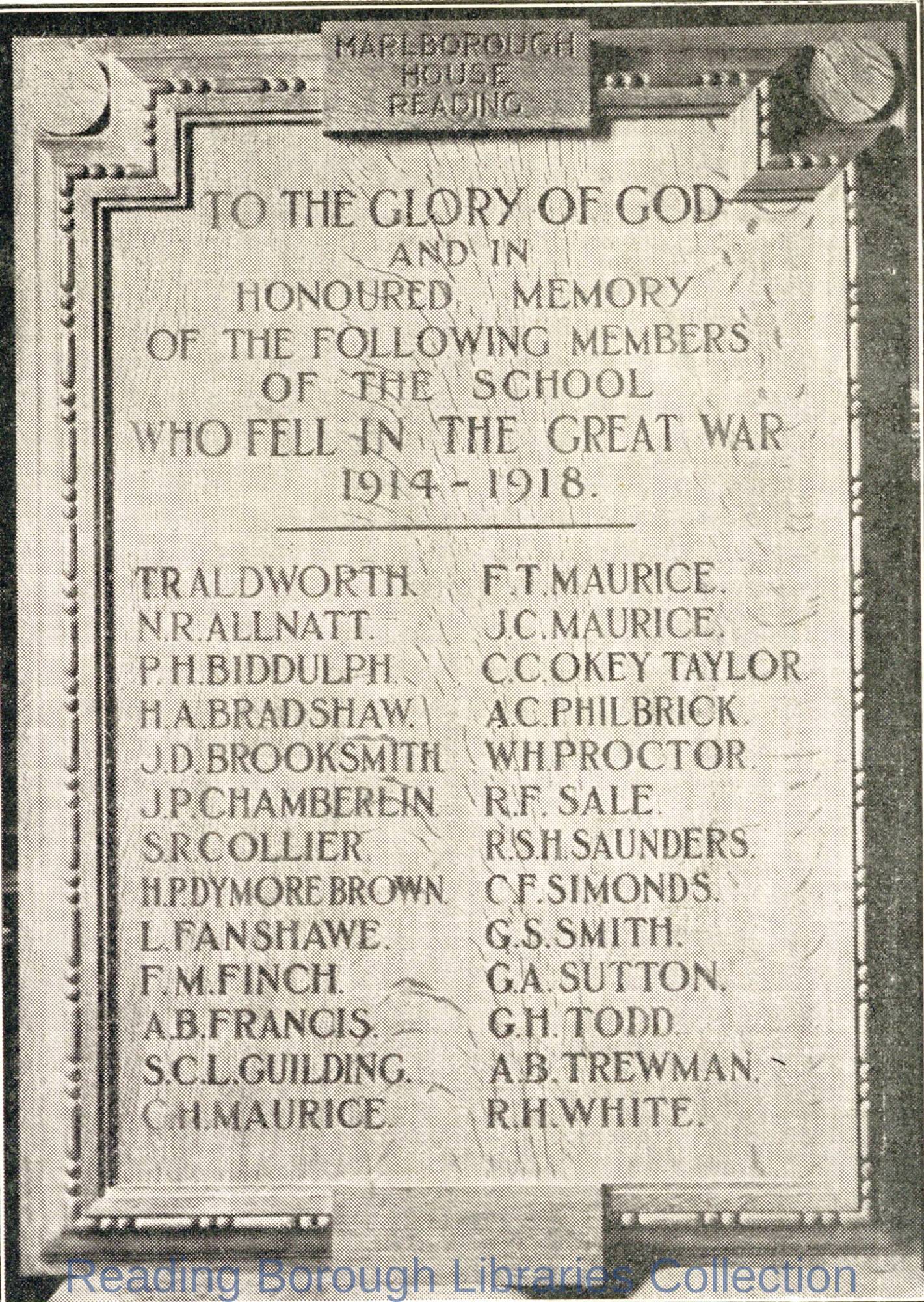 War memorial of Marlborough House, Parkside Road, Reading, c1919. War memorial of Marlborough House, Parkside Road, Reading, c1919.