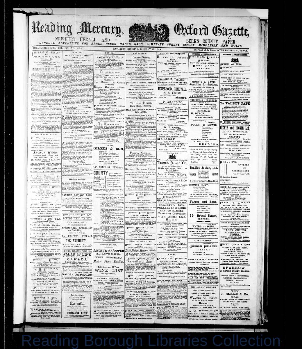 Reading Mercury Oxford Gazette, Saturday, January 3, 1914. Pg1 Reading Mercury Oxford Gazette, Saturday, January 3, 1914. Pg1