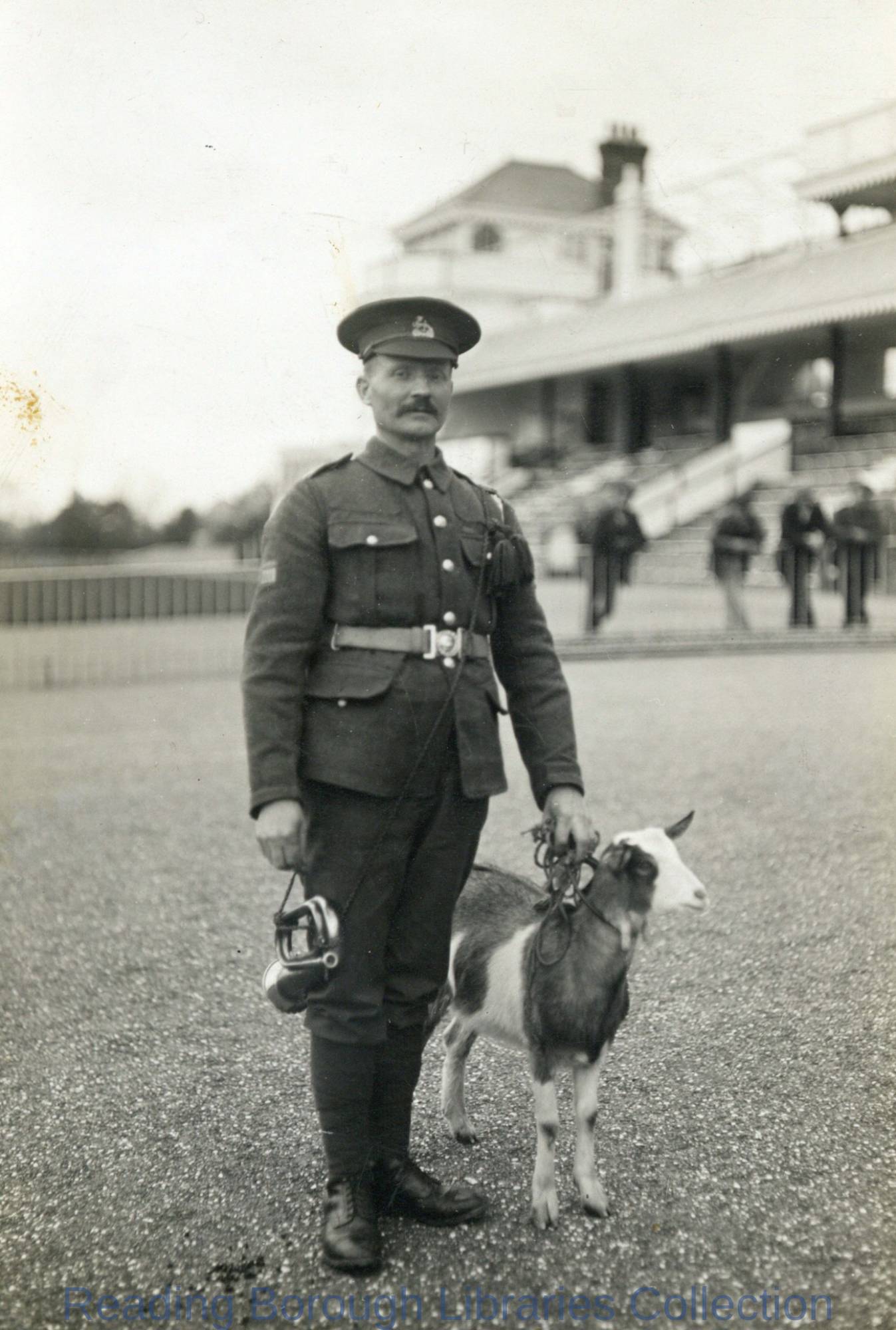 Member of Berkshire National Reserve and Regimental Pet Goat, Prisoner-of-War Camp, Newbury Racecourse, 1914. Member of Berkshire National Reserve and Regimental Pet Goat, Prisoner-of-War Camp, Newbury Racecourse, 1914.