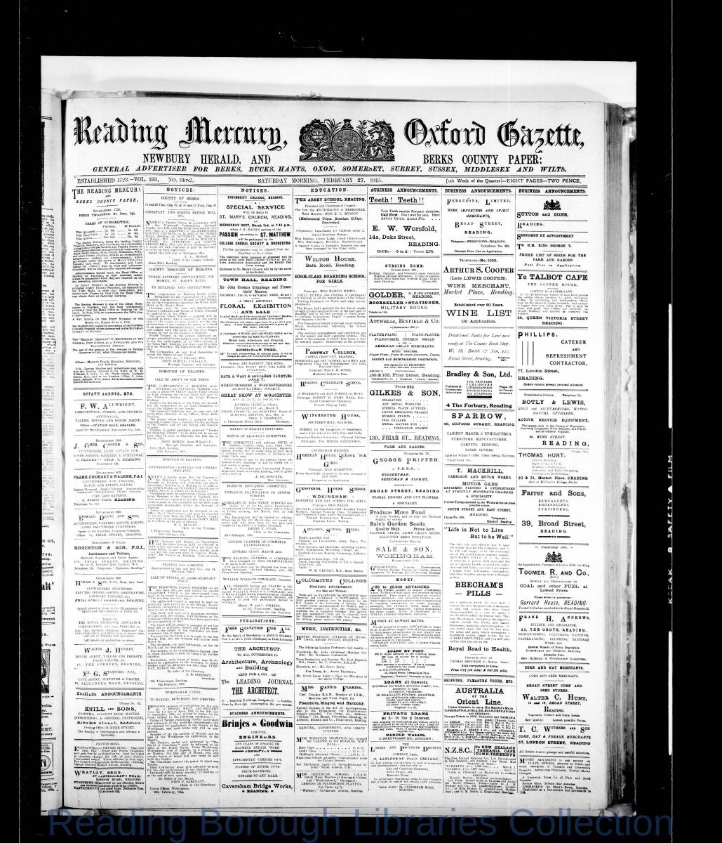 Reading Mercury Oxford Gazette Saturday, February 27, 1915. Pg 1 Reading Mercury Oxford Gazette Saturday, February 27, 1915. Pg 1
