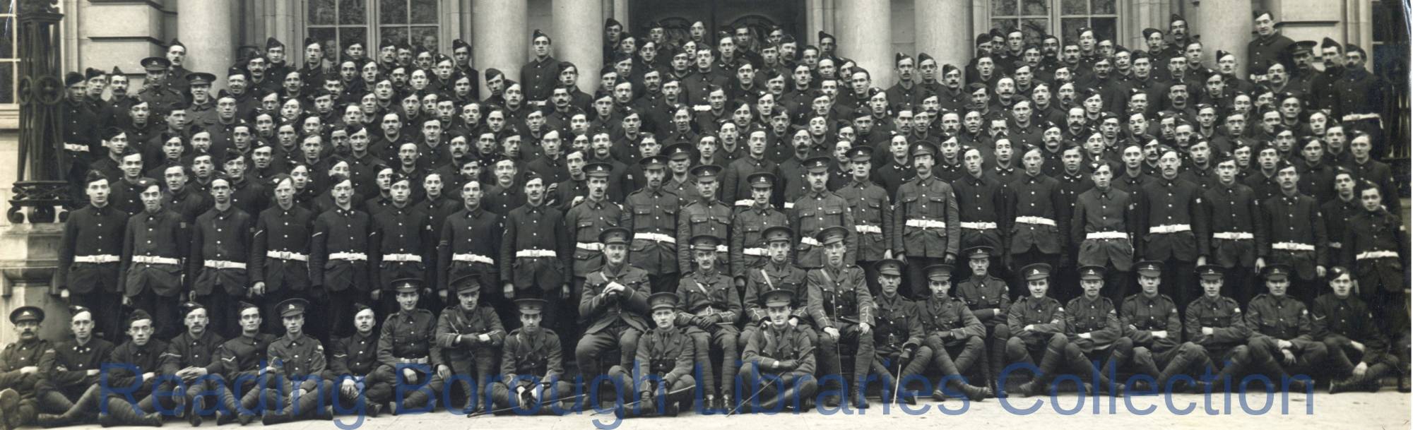 "B" Company, 7th Battalion, Royal Berkshire Regiment, Shire Hall, The Forbury, Reading, 1915. "B" Company, 7th Battalion, Royal Berkshire Regiment, Shire Hall, The Forbury, Reading, 1915.