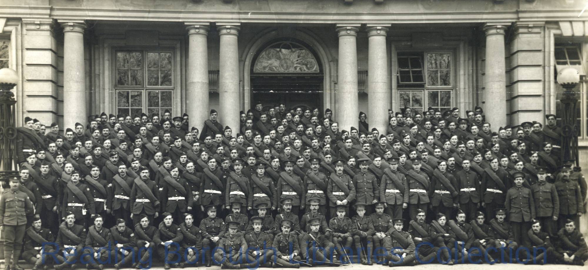 "A" Company, 7th Battalion, Royal Berkshire Regiment, Shire Hall, The Forbury, Reading, 1915. "A" Company, 7th Battalion, Royal Berkshire Regiment, Shire Hall, The Forbury, Reading, 1915.