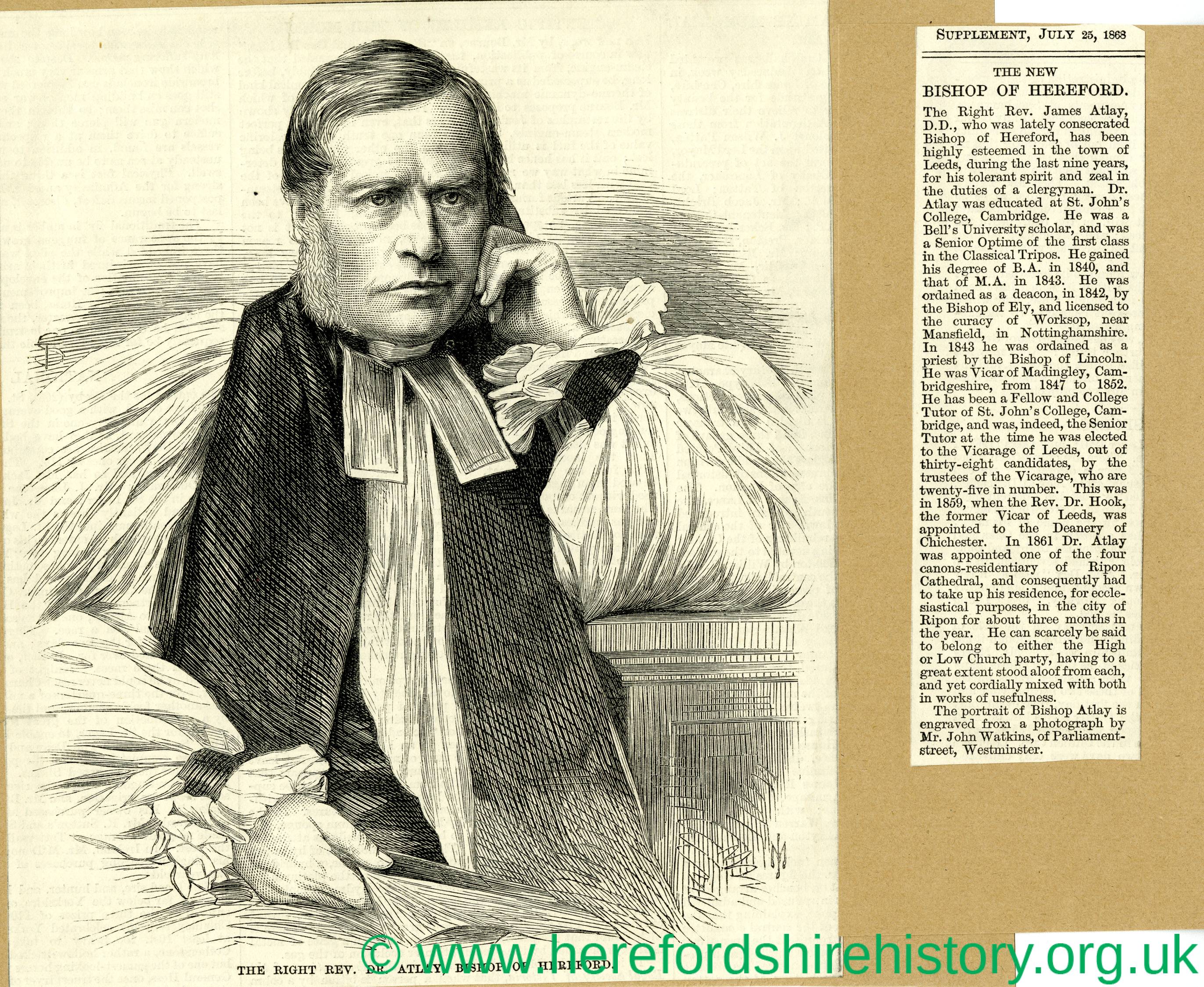 Dr JAMES ATLAY Bishop of Hereford Rev Antique Print 1868