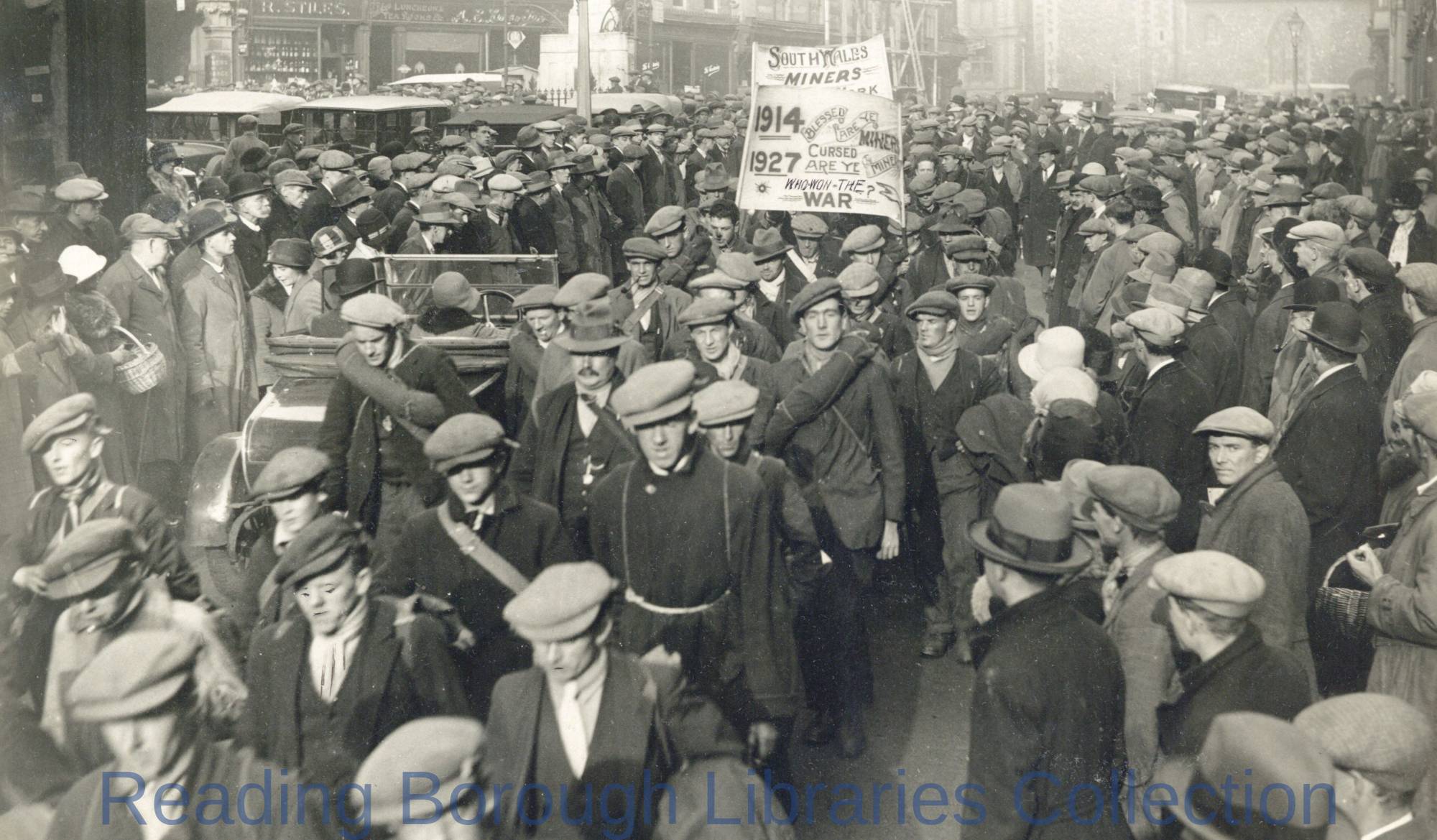 Unemployed Welsh miners marching through the Market Place in Reading, 17 November 1927. Unemployed Welsh miners marching through the Market Place in Reading, 17 November 1927.