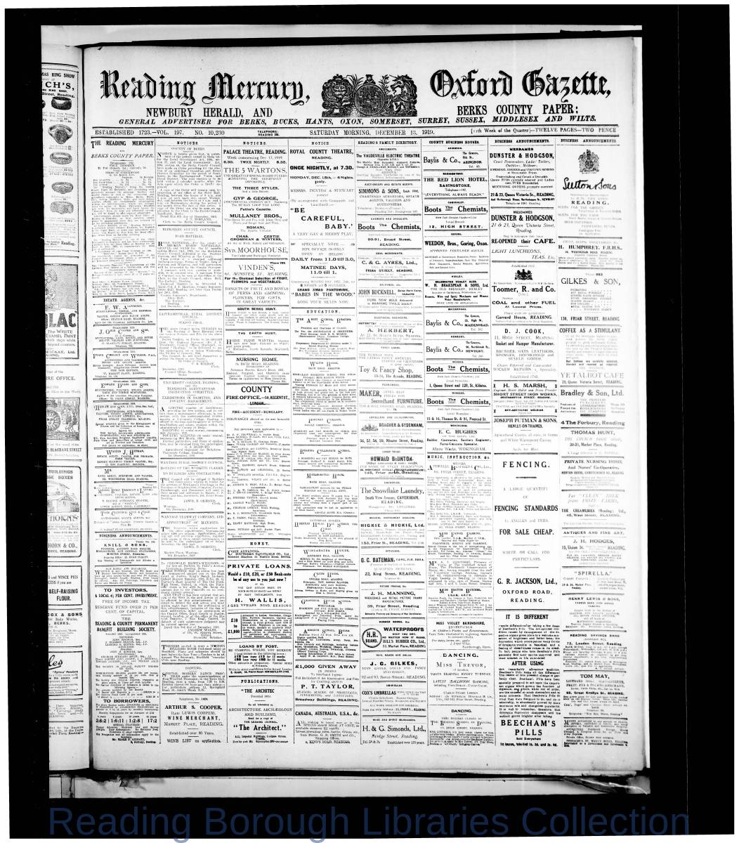 Reading Mercury Oxford Gazette Saturday, December 13, 1919. Pg 1 Reading Mercury Oxford Gazette Saturday, December 13, 1919. Pg 1