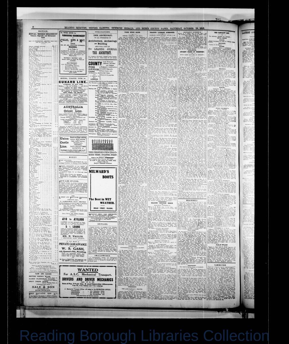 Reading Mercury Oxford Gazett Saturday, October 28, 1916. Pg 8 Reading Mercury Oxford Gazett Saturday, October 28, 1916. Pg 8