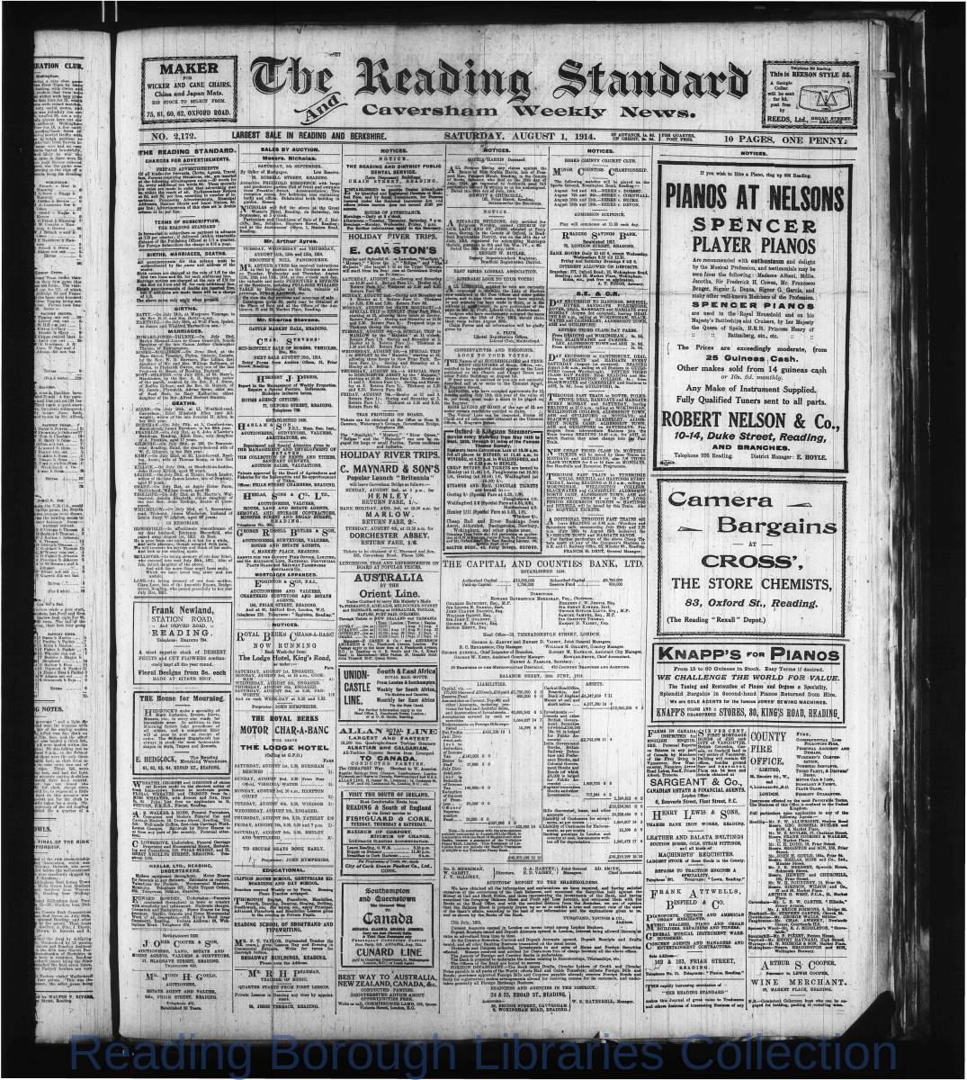 Reading Standard, Saturday, August 1, 1914. Pg 1 Reading Standard, Saturday, August 1, 1914. Pg 1
