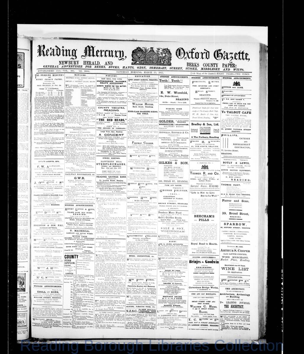 Reading Mercury Oxford Gazette Saturday, March 13, 1915. Pg 1 Reading Mercury Oxford Gazette Saturday, March 13, 1915. Pg 1