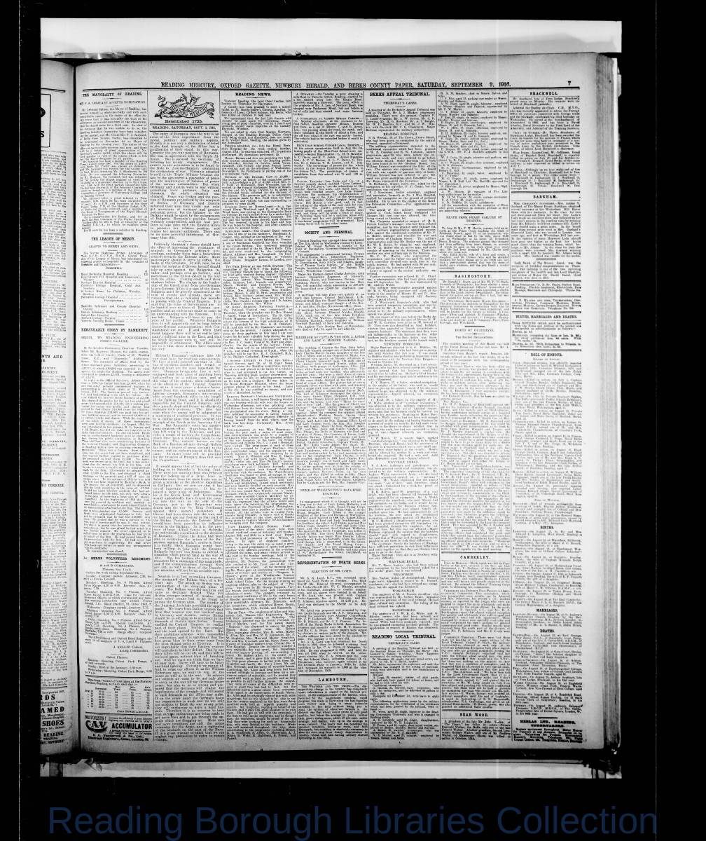 Reading Mercury Oxford Gazette Saturday, September 2, 1916. Pg 7 Reading Mercury Oxford Gazette Saturday, September 2, 1916. Pg 7