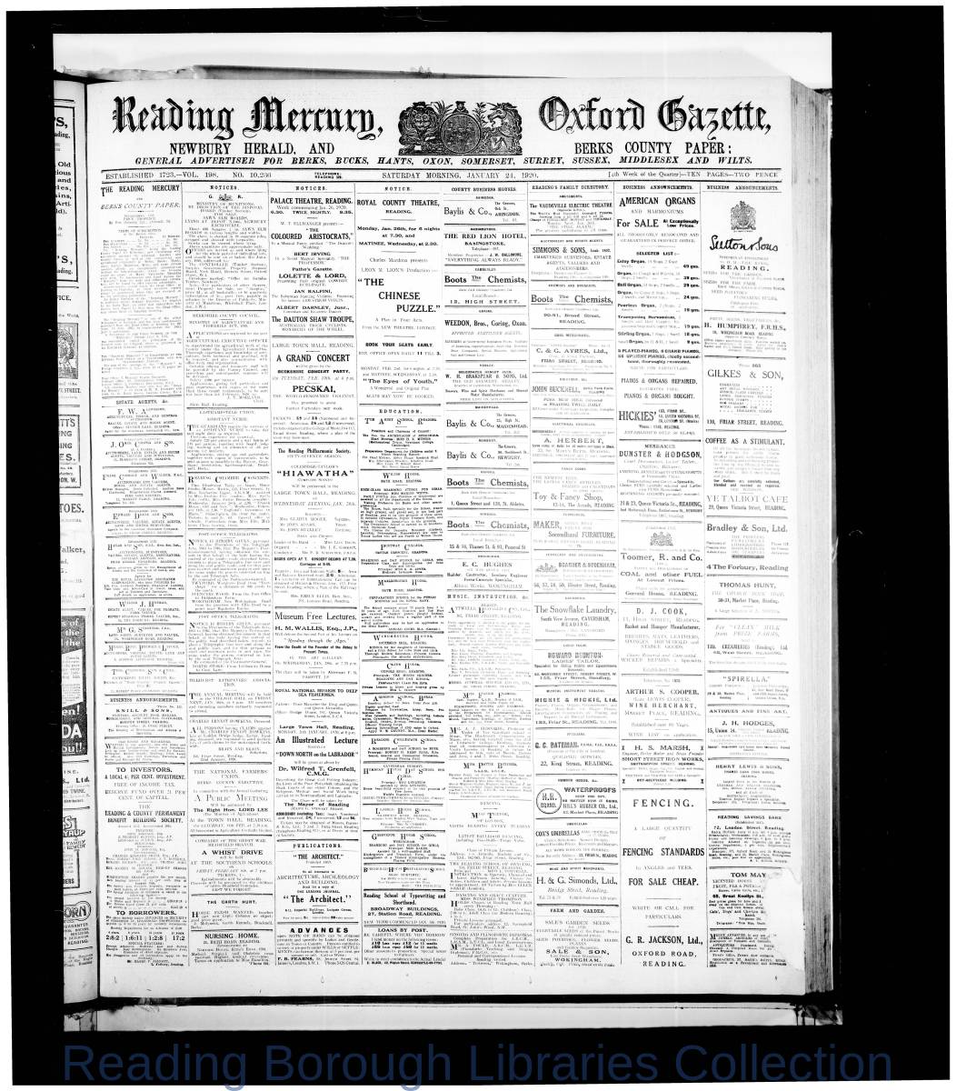Reading Mercury Oxford Gazette Saturday , January 24,1920. Pg 1 Reading Mercury Oxford Gazette Saturday , January 24,1920. Pg 1