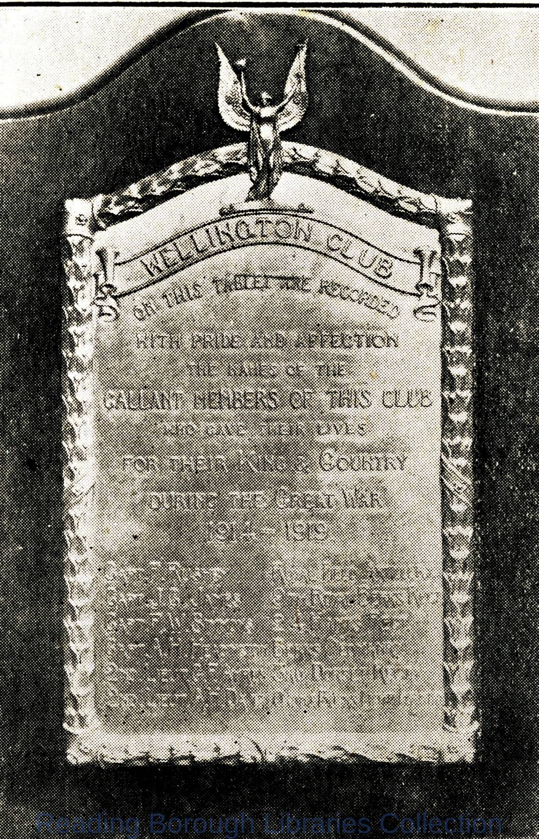 The war memorial of the Wellington Club, Station Road, Reading, c1919. The war memorial of the Wellington Club, Station Road, Reading, c1919.